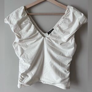 J. Crew White V-Neck Ruched Cap Sleeve Top